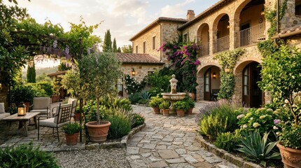 Naklejka premium Serene stone courtyard with lush greenery, fountain, and elegant seating; arches enhance rustic charm