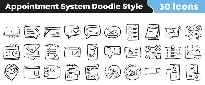 Hand drawn sketch icons representing an automated online appointment booking system