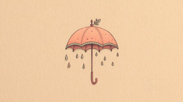 Charming hand-drawn umbrella with falling raindrops and a tiny leaf detail. A whimsical illustration featuring pink umbrella adorned with small leaf, catching gentle raindrops on textured background