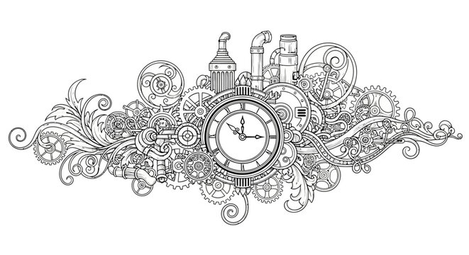 Intricate steampunk clockwork illustration with gears and mechanical elements