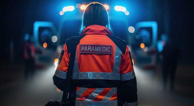 A paramedic stands before emergency vehicles at night.