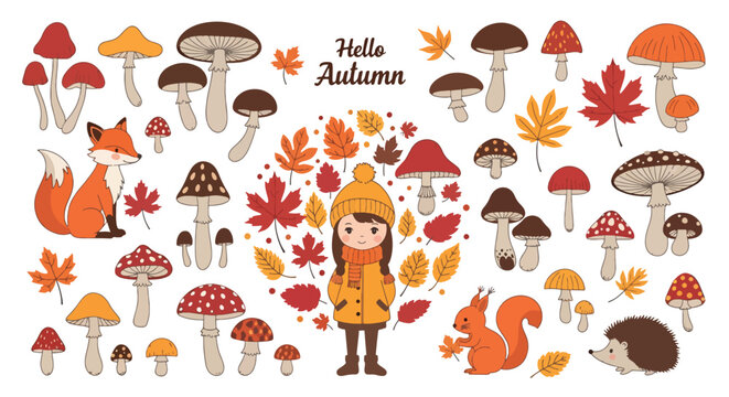 Autumn themed seamless pattern with pumpkins and leaves.