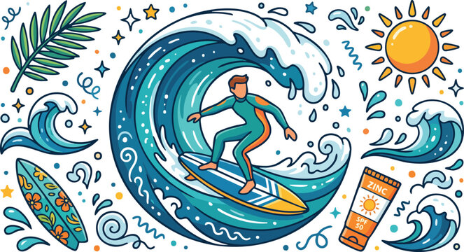 Flat Vector Surfer Riding a Big Wave Summer Illustration