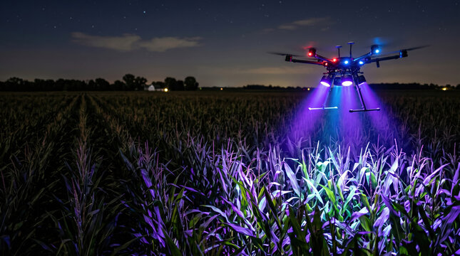 A drone operates above a cornfield during the night. Its lights illuminate the plants below while stars twinkle in the dark sky. The scene shows technology and agriculture working together