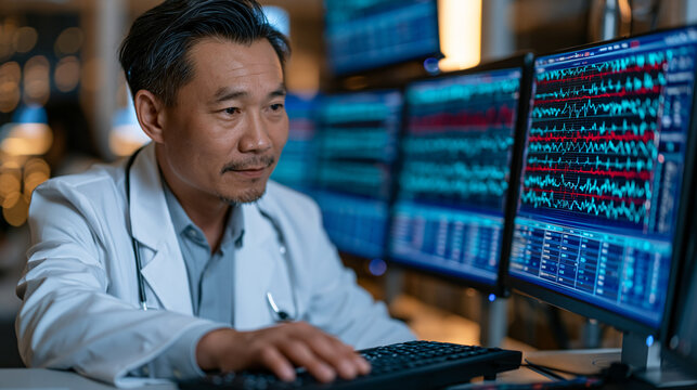 Cardiologist reviewing a patient's heart monitor data in a dimly lit hospital observation room at night, one hand resting on a keyboard, glowing screen illuminating focused eyes, row of monitors beh