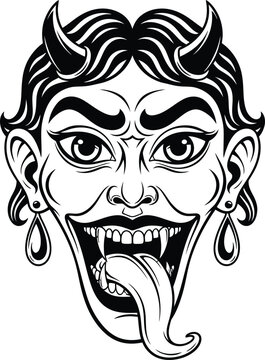 Black and white of a demon face with horns, fangs, and extended tongue devil monster head