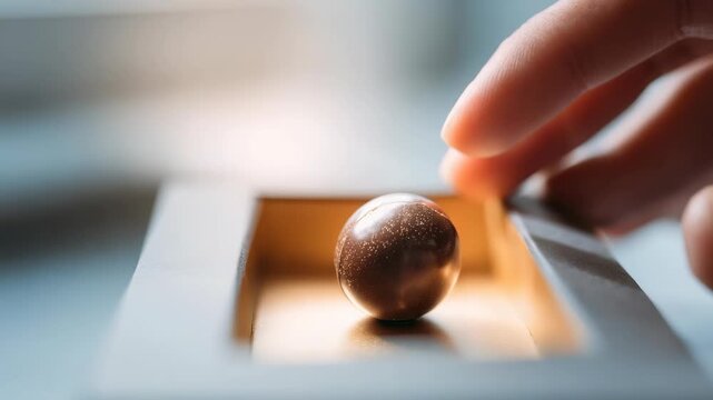 A close up view of a hand delicately picking up a shiny chocolate truffle from a modern box. The elegant lighting highlights the smooth texture and luxurious appeal of the confectionery treat