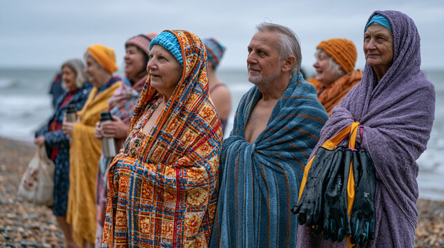 Cold water swimming community changing on shingle beach after morning dip, towels wrapped tight, thermos flasks being passed around, laughter and exhilaration on faces, wet neoprene gloves hanging f