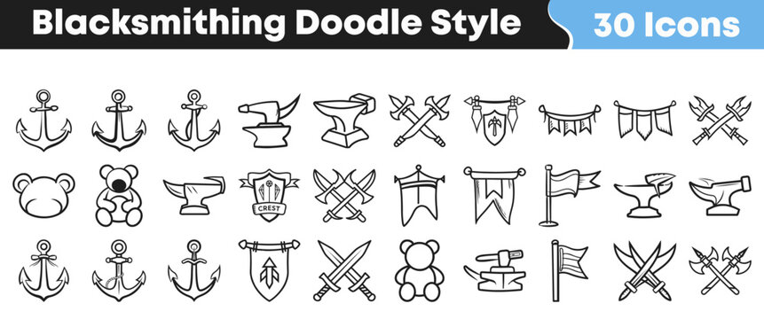 Collection of hand drawn blacksmith icons in a simple doodle style