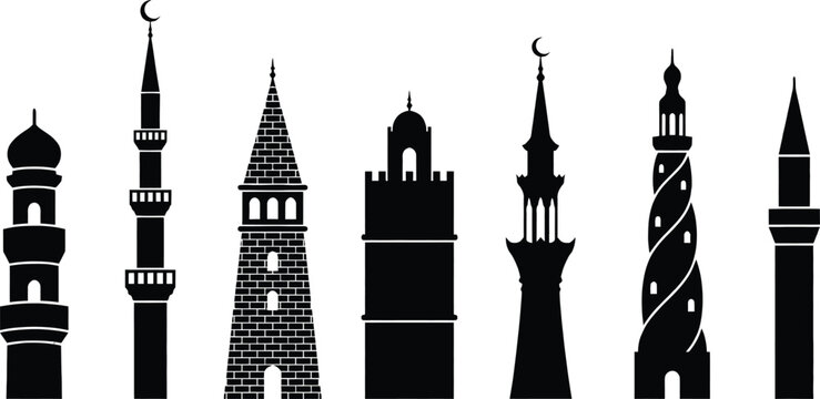Collection of black silhouette mosque minarets and towers with islamic crescent moons architecture