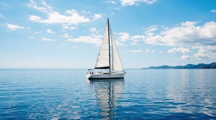 Fototapeta premium A white sailboat glides over calm blue sea under a bright sky, distant mountains on horizon