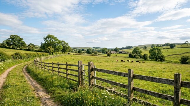 Rolling hills with lush fields, wooden fences, and distant trees under a bright sky with clouds
