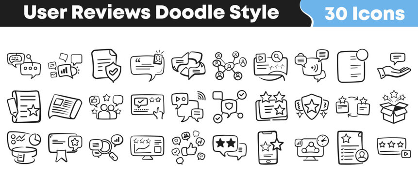 Hand drawn collection of various user review icons and symbols