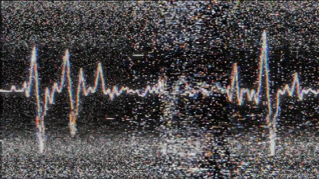 Futuristic static glitch overlay with random pixel flashes and distorted electronic signal waves, digital screen corruption and abstract RGB interference effects.
