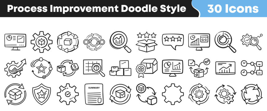 Hand drawn collection of business process improvement doodle style icons