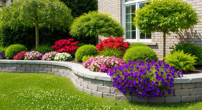Beautiful landscaping with stone retaining wall and colorful flowers