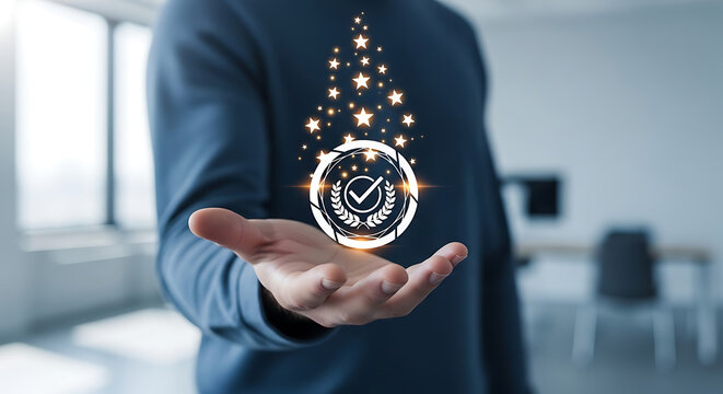 Businessman presenting a glowing digital emblem.