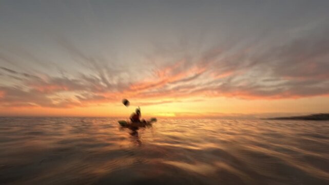 Timelapse. Kayaking ocean sunset, man paddling tranquil water at golden hour, active lifestyle recreation