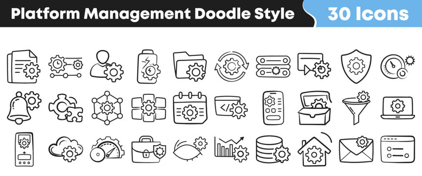 Set of hand drawn doodle icons for platform management tasks