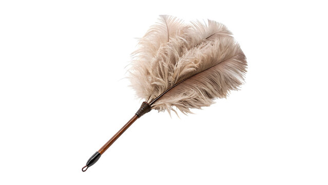 Vintage feather duster cleaning tool with wooden handle isolated on transparent background cut out