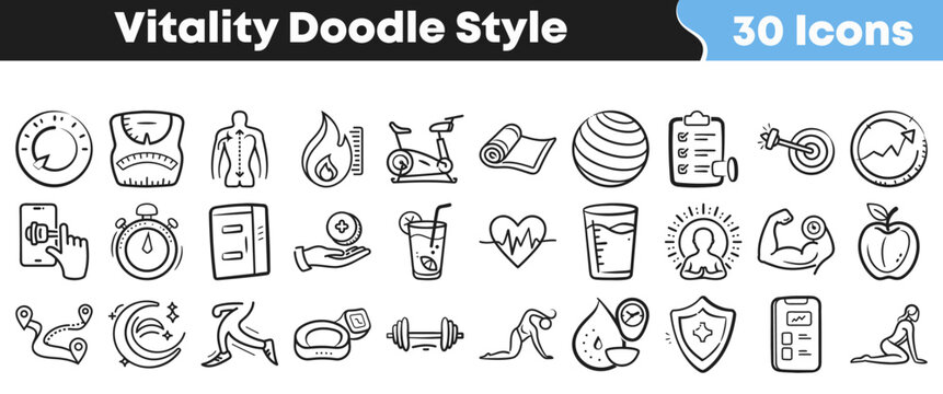 Collection of thirty hand drawn fitness and health doodle icons