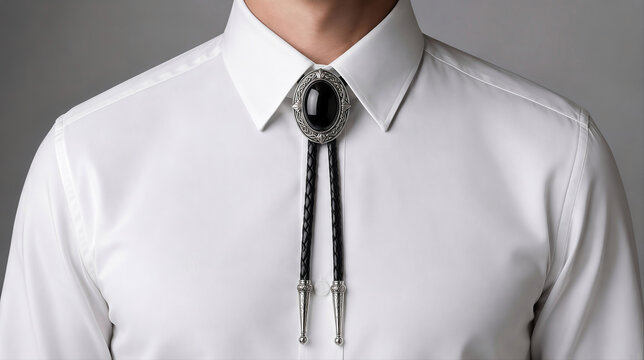 Elegant western bolo tie with black gemstone and silver engraved clasp on white formal shirt
