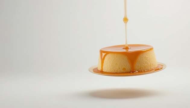 Caramel sauce pours over a smooth custard dessert floating against a plain white background.