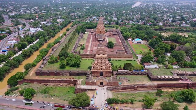 Aerial View of Periya Kovil Brihadeeswarar Temple in Thanjavur Tamil Nadu India