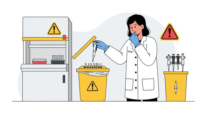 Scientist in lab coat disposing of medical waste in biohazard bin