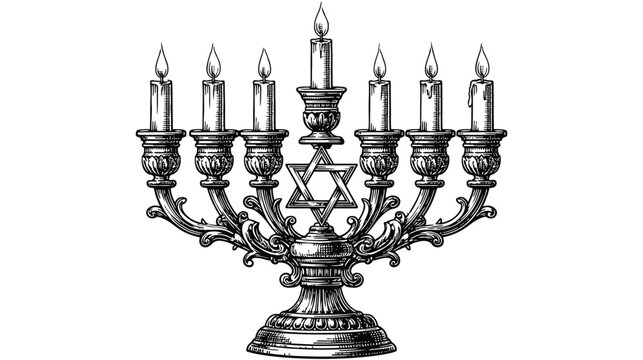 Vintage hanukkah menorah with star of david and lit candles engraving, hanukkah