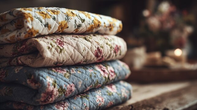 Soft folded floral patterned quilts stacked on rustic wooden surface with cozy blurred background creating a warm and inviting home atmosphere