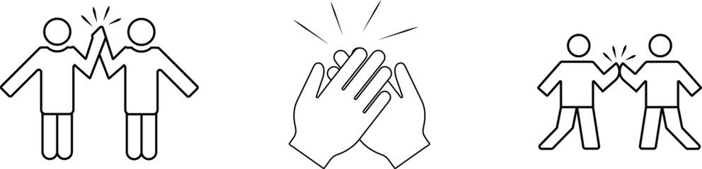 Obraz premium Hand Drawn High Five Icons Set Vector Illustration, Teamwork Celebration and Success Line Art Collection