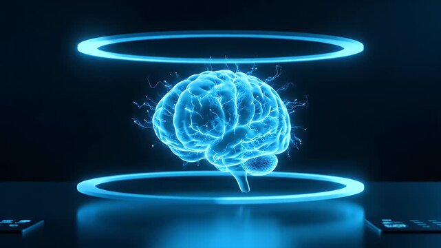 Digital human brain hologram glowing between two blue neon rings in a dark tech area