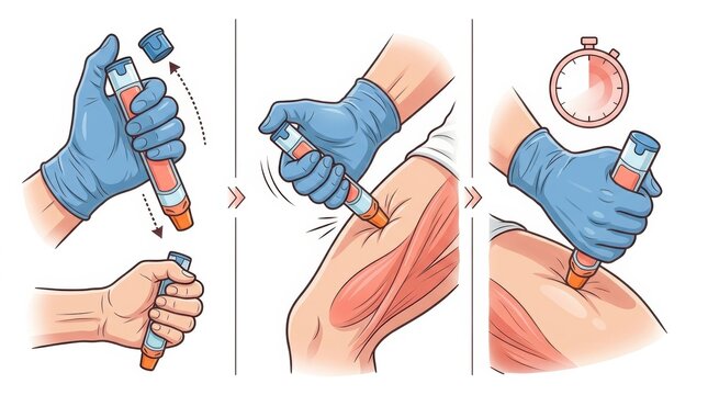 Demonstration of using an epinephrine auto-injector in a workplace setting shows correct administration technique for medical emergencies.