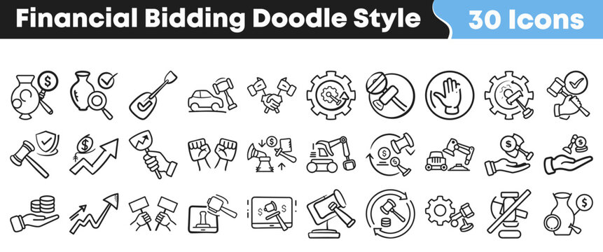 Set of hand drawn doodle icons representing financial bidding processes