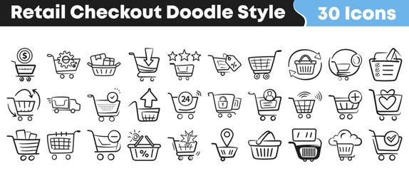 Hand drawn doodle style icons for retail shopping checkout processes © Vectoravec