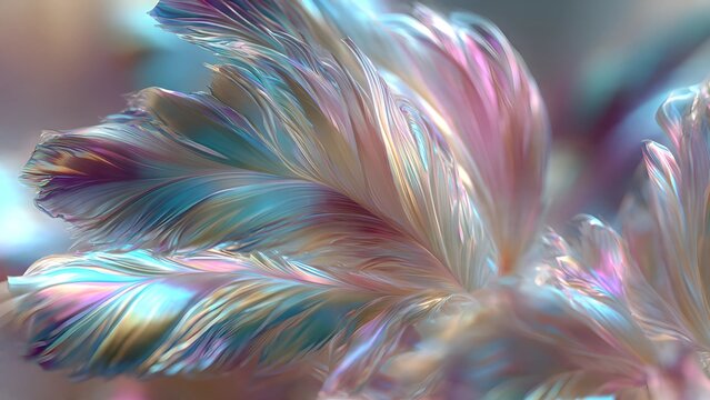 feathers opalescent glass, ethereal pearl textures, soft iridescent gradients of pastel pink, cyan, and gold