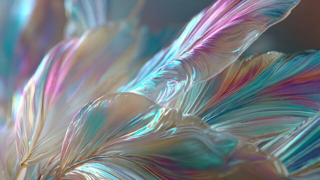 feathers opalescent glass, ethereal pearl textures, soft iridescent gradients of pastel pink, cyan, and gold