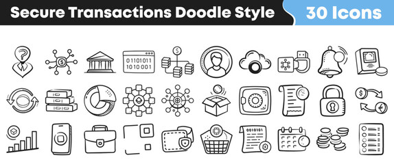Obraz premium Hand drawn collection of financial icons for secure digital transactions