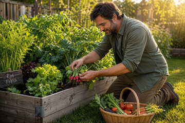 Fototapeta premium Man Harvesting Fresh Organic Vegetables in Backyard Garden