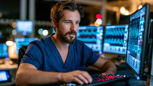Cardiologist reviewing a patient's heart monitor data in a dimly lit hospital observation room at night, one hand resting on a keyboard, glowing screen illuminating focused eyes, row of monitors beh