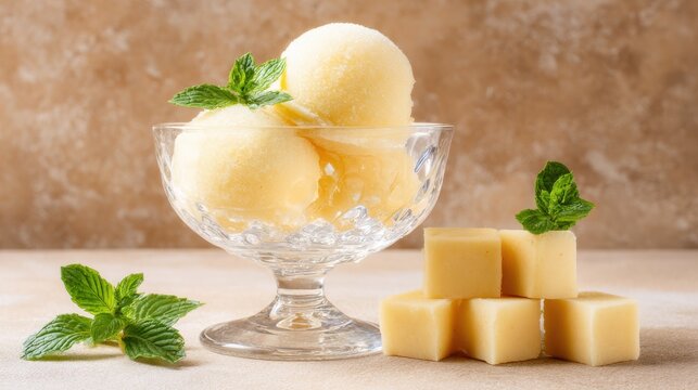 Refreshing lemon sorbet served in crystal bowl with mint garnish. Delightful scoop of lemon sorbet, garnished fresh mint leaves, presented in elegant glass dish alongside small cubes of candied fruit