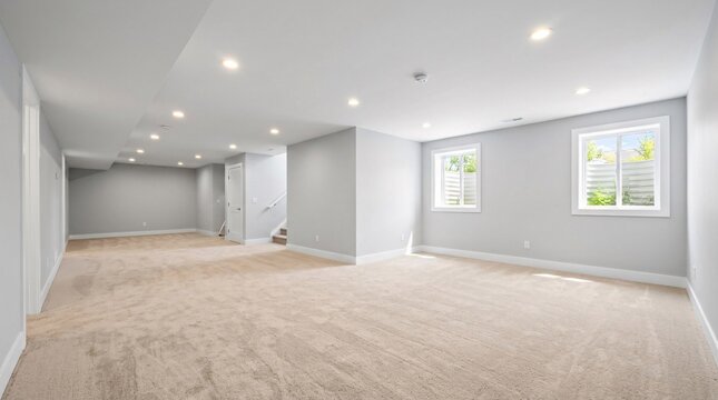 Brightly lit interior photograph of a newly renovated spacious empty basement featuring plush beige carpeting and modern recessed LED lights.
