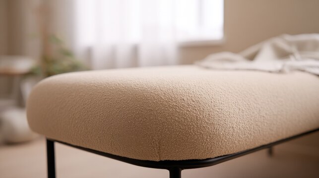 Textured beige bench with soft blanket draped over it. Detailed view of modern bench upholstered in nubby beige fabric, with light throw blanket casually placed on top, suggesting comfort relaxation