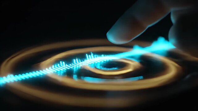 Digital audio spectrum visualization with a finger touching screen and neon ripples.