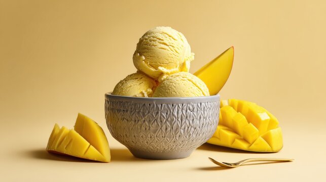 Delicious mango ice cream scoops served in a decorative bowl with fresh fruit slices. Refreshing bowl of creamy mango ice cream adorned with vibrant mango pieces and golden spoon, perfect summer treat