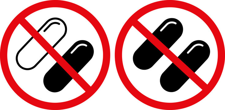 Prohibited pills and capsules warning signs on white background