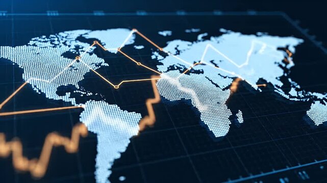 Global financial market data showing stock exchange trends on a digital world map ui