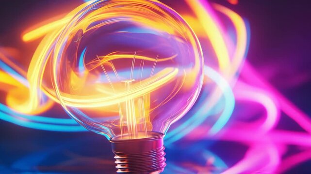 A light bulb glows brightly in a dark space. Colorful lights swirl around it, creating interesting patterns. The focus is on the bulb and the vibrant colors around it