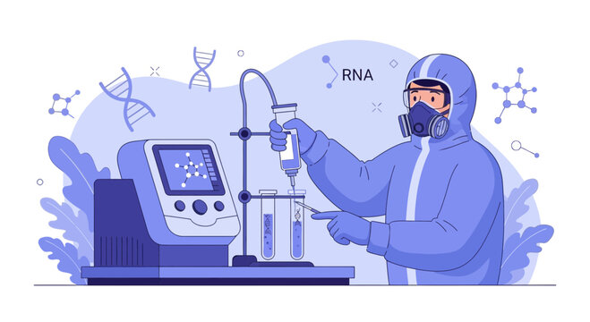 Scientist in protective suit conducts RNA research in a modern laboratory with advanced equipment